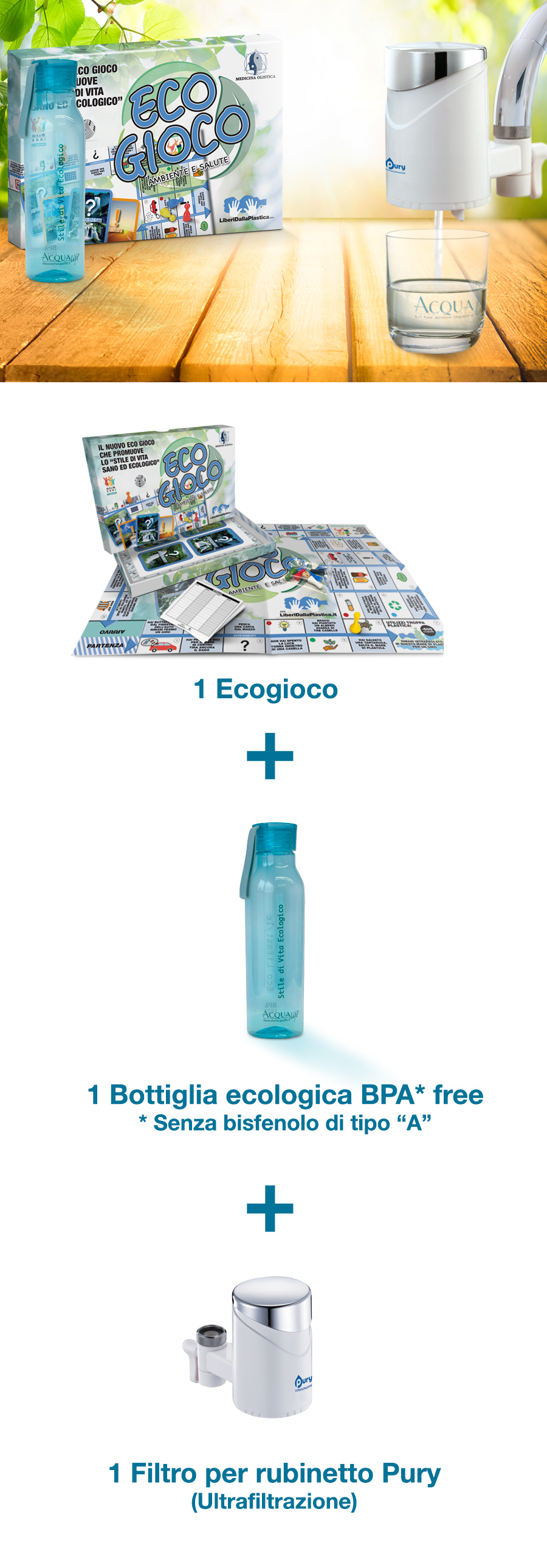 purificatore acqua pury con borraccia e ecogioco